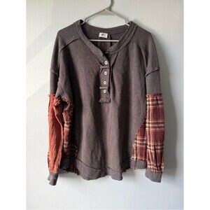 BKE Waffle Knit Henley Long Sleeve Plaid Brown Orange Cotton Size XL